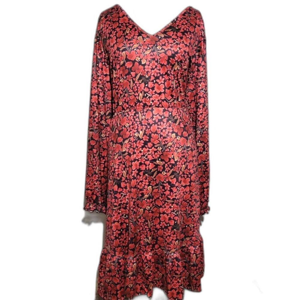 Floral V-Neck Long Sleeve Red Dress